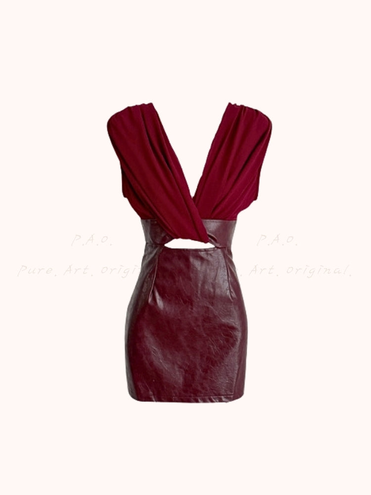 Deep V Sleeveless Faux Leather Bodycon Mini Dress